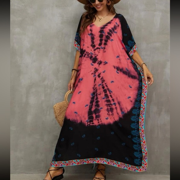 Boho Tie Dye Print Batwing Sleeve Slit Hem Maxi Dress - Picture 4 of 8